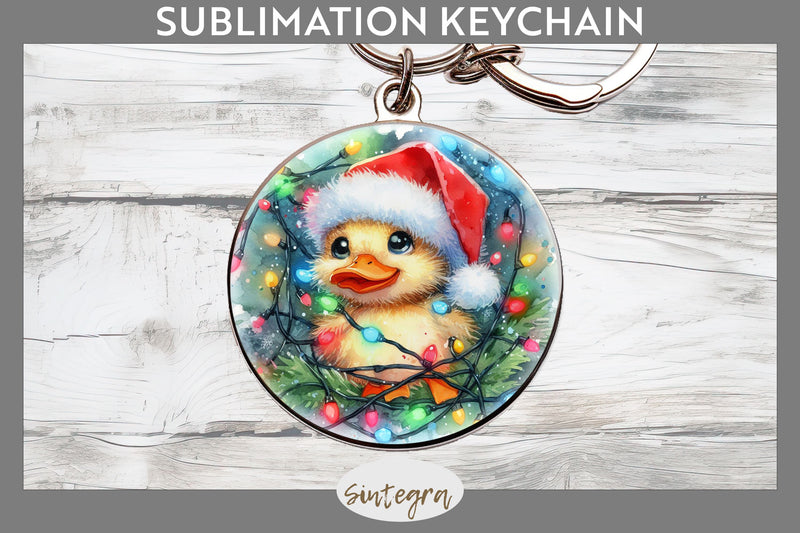 Christmas Duck Entangled in Lights Round Keychain Sublimation Sublimation Sintegra 
