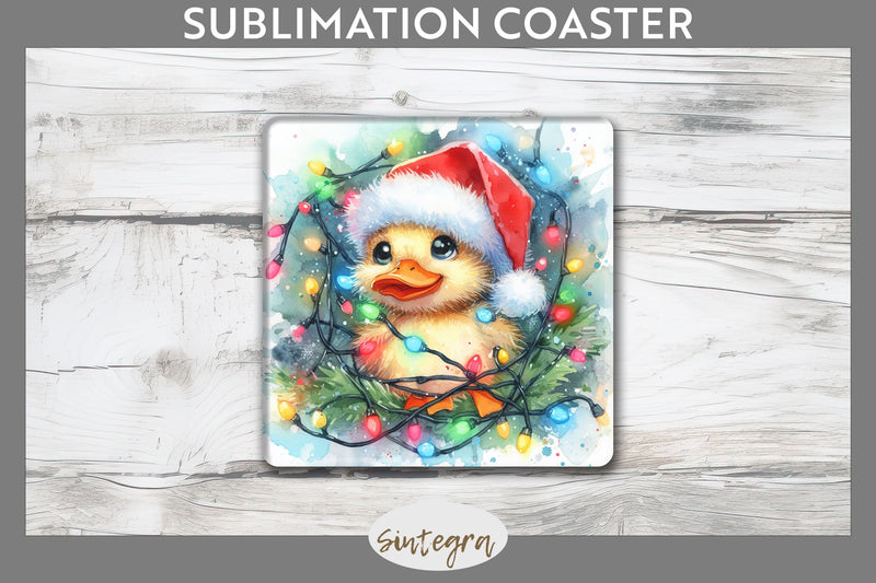 Christmas Duck Entangled in Lights Square Coaster Sublimation Sublimation Sintegra 
