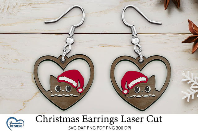 Christmas Earrings Laser Cut. Christmas Cat Laser Cut. SVG Samaha Design 