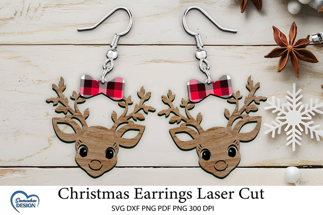 Christmas Earrings Laser Cut. Christmas Deer Head Laser Cut. SVG Samaha Design 