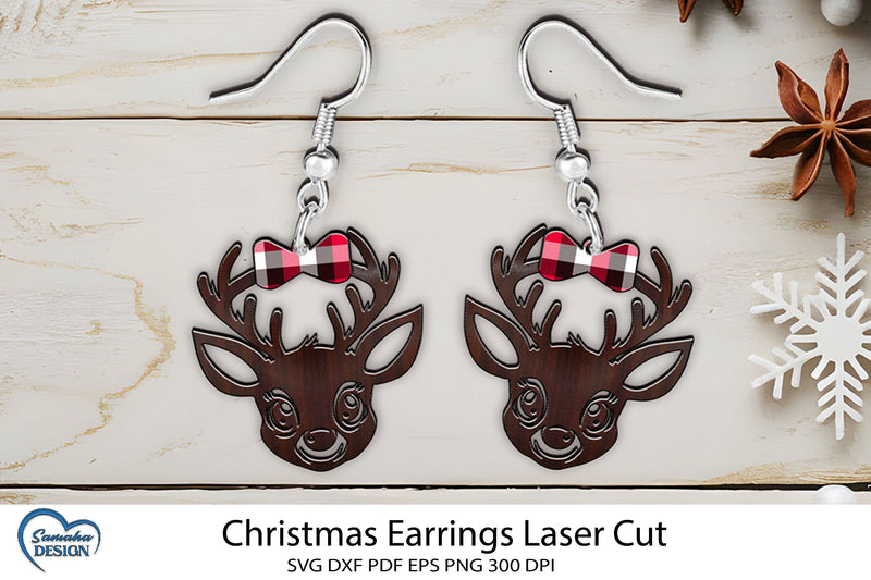 Christmas Earrings Laser Cut. Christmas Deer Head Laser Cut. SVG Samaha Design 