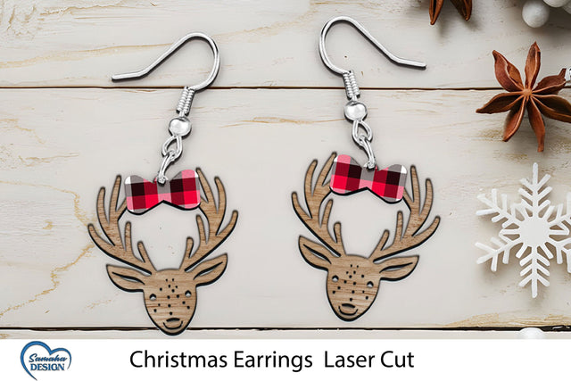 Christmas Earrings Laser Cut. Christmas Deer Head Laser Cut. SVG Samaha Design 
