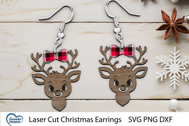 Christmas Earrings Laser Cut. Christmas Deer Head Laser Cut. SVG Samaha Design 