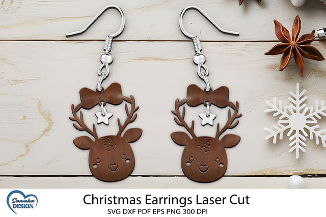 Christmas Earrings Laser Cut. Christmas Deer Head Laser Cut. SVG Samaha Design 