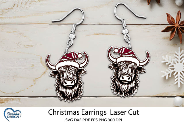 Christmas Earrings Laser Cut. Christmas Highland Cow Laser. SVG Samaha Design 