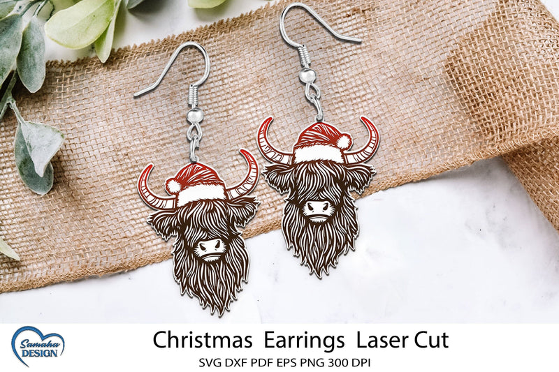 Christmas Earrings Laser Cut. Christmas Highland Cow Laser. SVG Samaha Design 