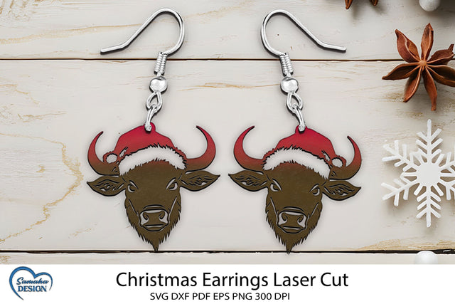 Christmas Earrings Laser Cut. Christmas Highland Cow Laser. SVG Samaha Design 