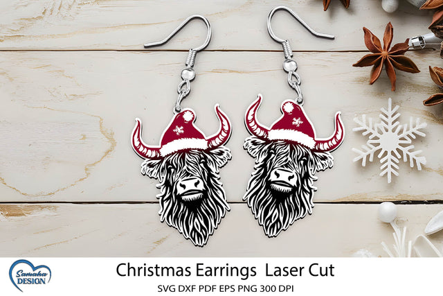 Christmas Earrings Laser Cut. Christmas Highland Cow Laser. SVG Samaha Design 