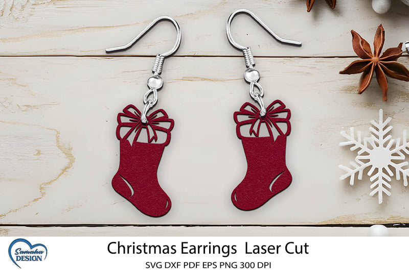 Christmas Earrings Laser Cut. Christmas Stocking Laser Cut. SVG Samaha Design 