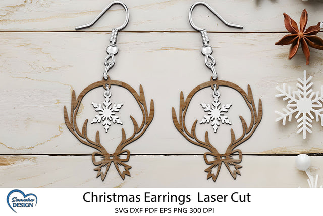 Christmas Earrings Laser Cut. Deer Antlers Laser Cut. SVG Samaha Design 