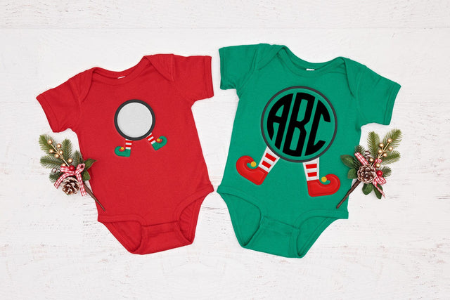 Christmas Elf Legs Round Monogram Frame Applique Embroidery Embroidery/Applique DESIGNS Designed by Geeks 