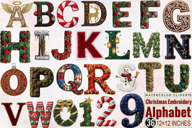 Christmas Embroidery Alphabet Clipart Sublimation SVGArt 