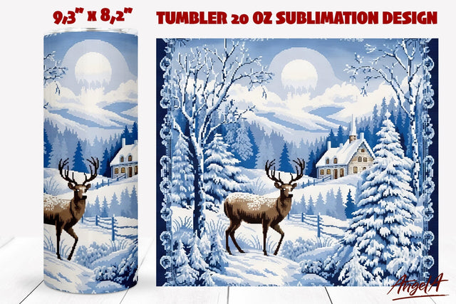 Christmas embroidery tumbler / winter scene deer, forest PNG Sublimation Angelina Semenova 