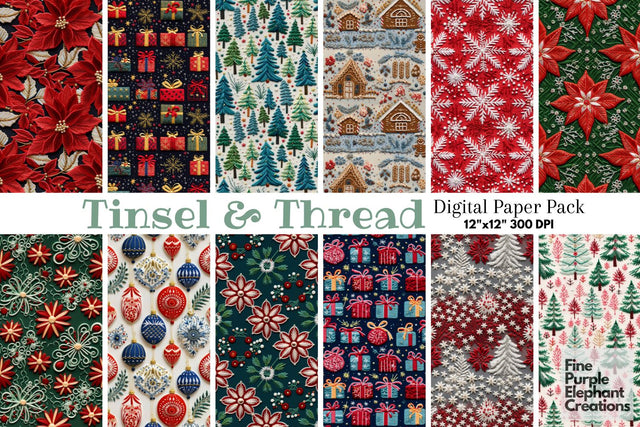 Christmas Embroidery Winter Holiday Stitched Fabric Digital Pattern Fine Purple Elephant Creations 