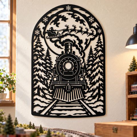 Christmas Express Train Laser SVG | Santa Sleigh Moon DXF | Winter Forest Metal Wall Art | Holiday Plasma CNC Cutting File SVG HappyDesignStudio 