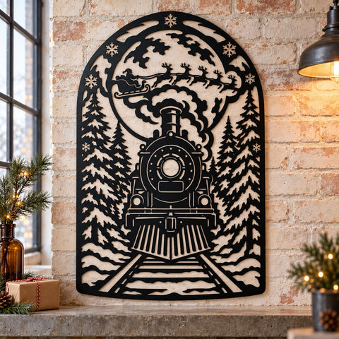 Christmas Express Train Laser SVG | Santa Sleigh Moon DXF | Winter Forest Metal Wall Art | Holiday Plasma CNC Cutting File SVG HappyDesignStudio 