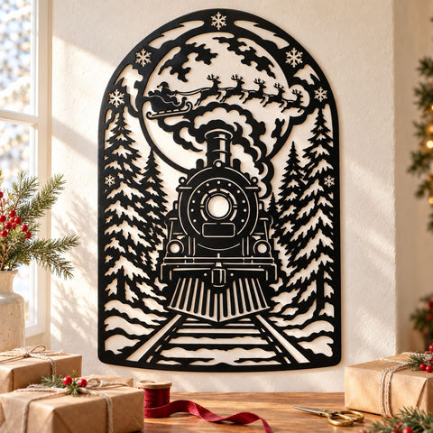 Christmas Express Train Laser SVG | Santa Sleigh Moon DXF | Winter Forest Metal Wall Art | Holiday Plasma CNC Cutting File SVG HappyDesignStudio 