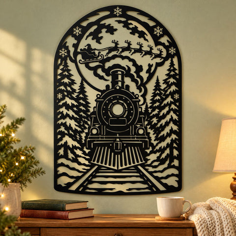 Christmas Express Train Laser SVG | Santa Sleigh Moon DXF | Winter Forest Metal Wall Art | Holiday Plasma CNC Cutting File SVG HappyDesignStudio 