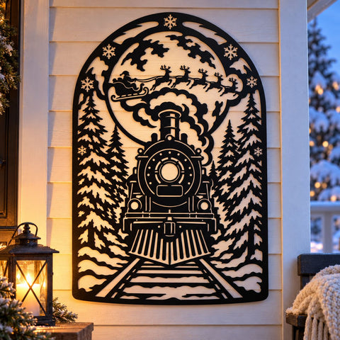 Christmas Express Train Laser SVG | Santa Sleigh Moon DXF | Winter Forest Metal Wall Art | Holiday Plasma CNC Cutting File SVG HappyDesignStudio 