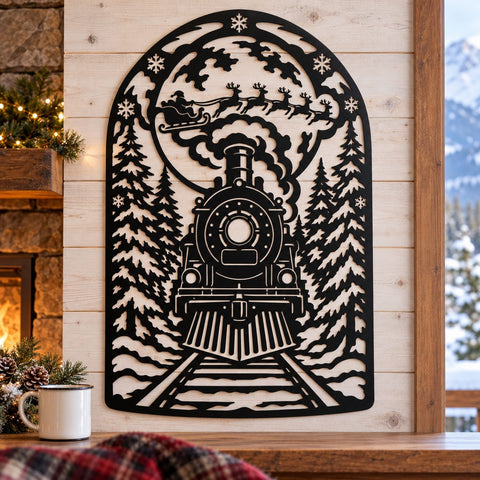Christmas Express Train Laser SVG | Santa Sleigh Moon DXF | Winter Forest Metal Wall Art | Holiday Plasma CNC Cutting File SVG HappyDesignStudio 