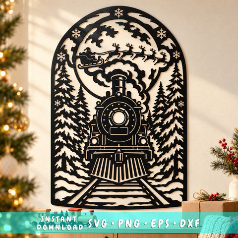Christmas Express Train Laser SVG | Santa Sleigh Moon DXF | Winter Forest Metal Wall Art | Holiday Plasma CNC Cutting File SVG HappyDesignStudio 