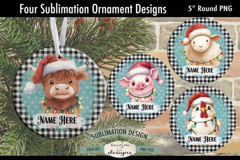 Christmas Farm Animals Ornament Designs PNG File | Add Name Sublimation Ewe-N-Me Designs 