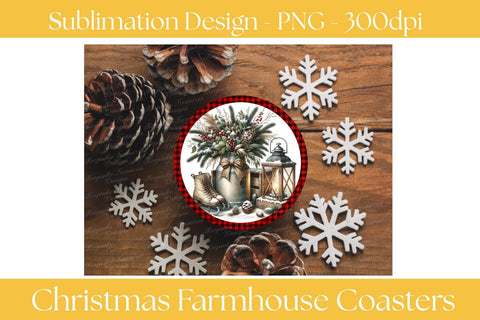Christmas Farmhouse Coaster Set Of four Png, Rustic Holiday Sublimation Designs, Buffalo Plaid Coasters, Cozy Winter Decor, Digital Download Sublimation Keepsake Treasures Designs LLC. 