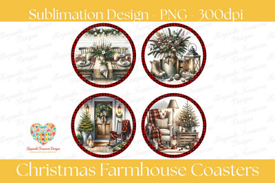 Christmas Farmhouse Coaster Set Of four Png, Rustic Holiday Sublimation Designs, Buffalo Plaid Coasters, Cozy Winter Decor, Digital Download Sublimation Keepsake Treasures Designs LLC. 