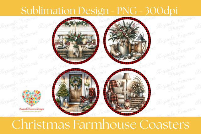 Christmas Farmhouse Coaster Set Of four Png, Rustic Holiday Sublimation Designs, Buffalo Plaid Coasters, Cozy Winter Decor, Digital Download Sublimation Keepsake Treasures Designs LLC. 