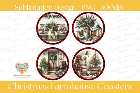 Christmas Farmhouse Coaster Set Of four Png, Rustic Holiday Sublimation Designs, Buffalo Plaid Coasters, Cozy Winter Decor, Digital Download Sublimation Keepsake Treasures Designs LLC. 