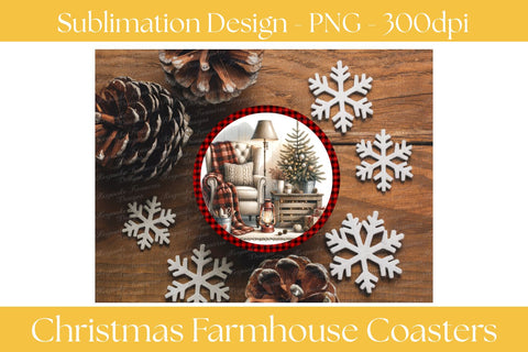 Christmas Farmhouse Coaster Set Of four Png, Rustic Holiday Sublimation Designs, Buffalo Plaid Coasters, Cozy Winter Decor, Digital Download Sublimation Keepsake Treasures Designs LLC. 