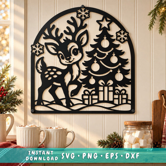 Christmas Fawn Laser SVG | Baby Reindeer with Christmas Tree DXF | Holiday Metal Wall Art | Christmas Plasma Cutting File SVG HappyDesignStudio 
