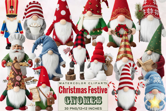 Christmas Festive Gnomes Clipart Bundle. Sublimation SVGArt 