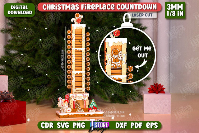 Christmas Fireplace Countdown Laser Cut | Days Until Christmas | CNC File SVG The T Store Design 