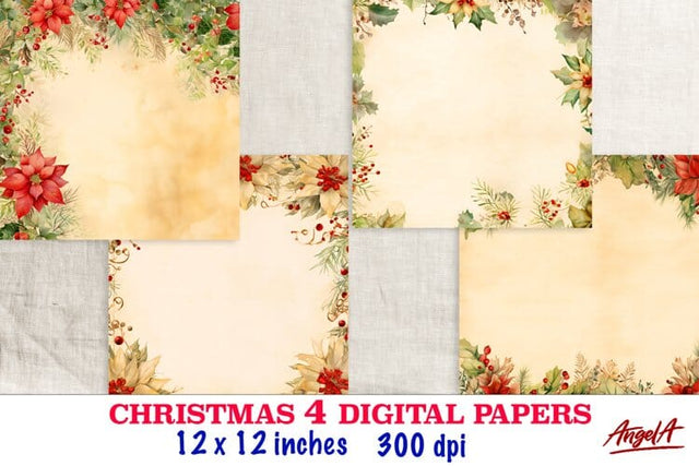 Christmas floral digital paper / retro digital paper, holly Digital Pattern Angelina Semenova 