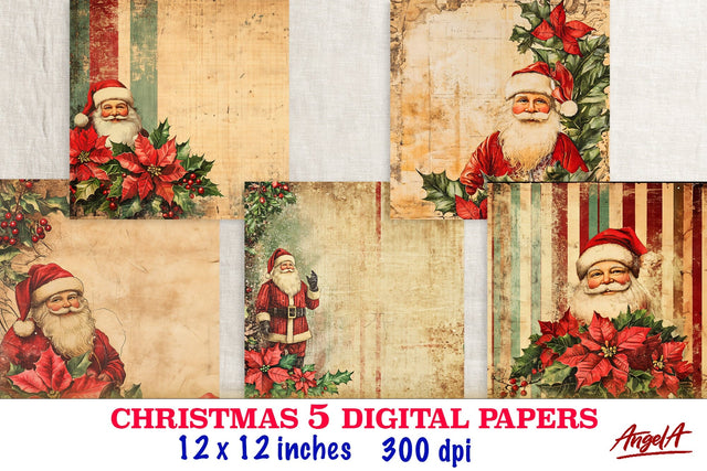 Christmas floral digital paper, retro Santa, poinsettia PNG Digital Pattern Angelina Semenova 
