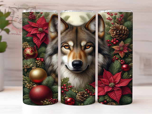 Christmas Floral Wolf Tumbler, Animal and Flowers Sublimation Design, Festive Wolf Art, 20oz Holiday Tumbler, Whimsical Wolf Mug, Stylish Christmas Cup, Cozy Animal Wrap Sublimation Lara' s Designs 