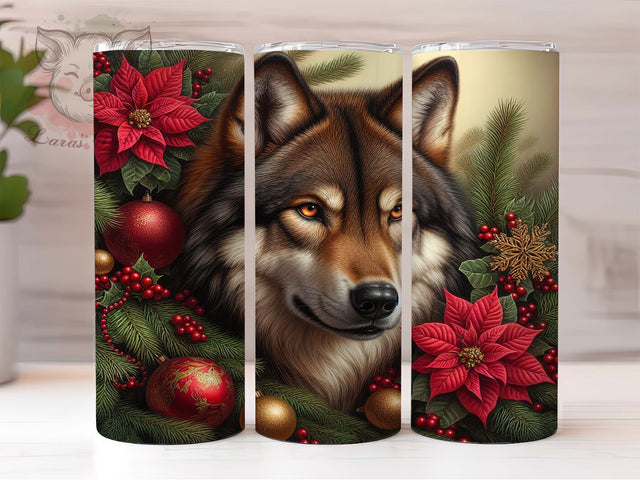 Christmas Floral Wolf Tumbler, Animal and Flowers Sublimation Design, Festive Wolf Art, 20oz Holiday Tumbler, Whimsical Wolf Mug, Stylish Christmas Cup, Cozy Animal Wrap Sublimation Lara' s Designs 