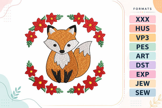 Christmas Fox with Poinsettia Wreath Embroidery Design Embroidery/Applique DESIGNS sg embroidery 