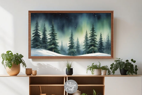 Christmas Frame TV art, pine tree forest, aurora borealis Digital Pattern Artisan Craft SVG 