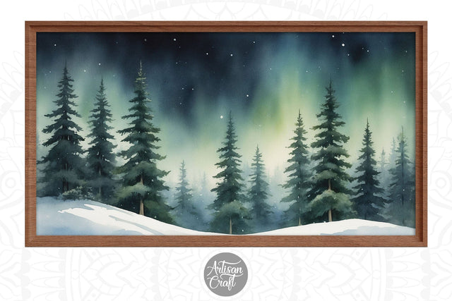 Christmas Frame TV art, pine tree forest, aurora borealis Digital Pattern Artisan Craft SVG 