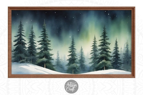 Christmas Frame TV art, pine tree forest, aurora borealis Digital Pattern Artisan Craft SVG 
