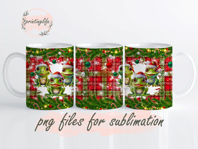 Christmas Frogs Mug Wrap Png, Christmas Frogs Sublimation Design, Glitter Christmas Design Plaid Pattern 11oz Sublimation PrintingLife 