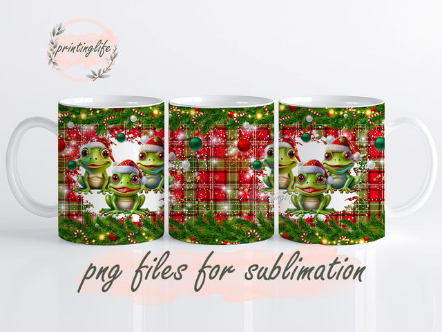 Christmas Frogs Mug Wrap Png, Christmas Frogs Sublimation Design, Glitter Christmas Design Plaid Pattern 11oz Sublimation PrintingLife 