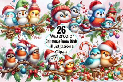 Christmas Funny Birds on Branch Sublimation Clipart Bundle Sublimation SVGArt 