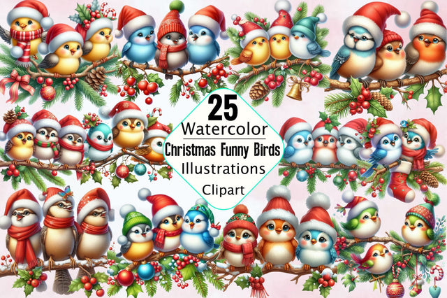 Christmas Funny Birds on Branch Sublimation Clipart Bundle Sublimation SVGArt 
