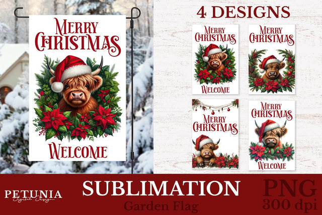 Christmas Garden Flag | Highland Cow Welcome Garden Flag Sublimation Petunia Digital Design 