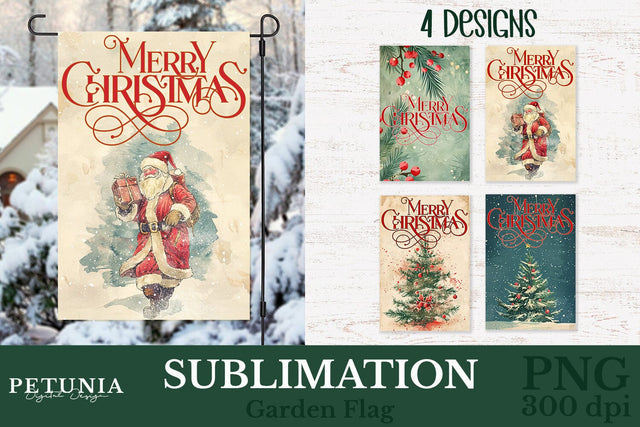 Christmas Garden Flag | Vintage Merry Christmas Garden Flag Sublimation Petunia Digital Design 