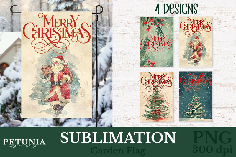 Christmas Garden Flag | Vintage Merry Christmas Garden Flag Sublimation Petunia Digital Design 