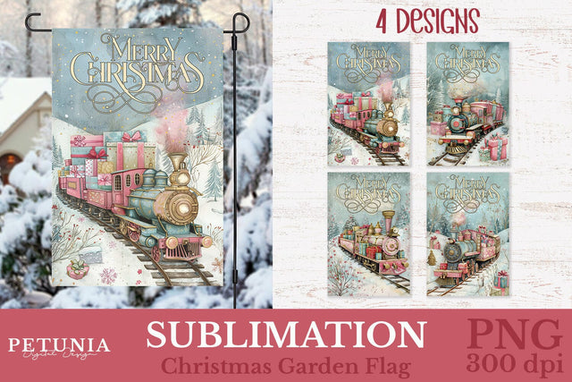 Christmas Garden Flag | Vintage Train Christmas Garden Flag Sublimation Petunia Digital Design 